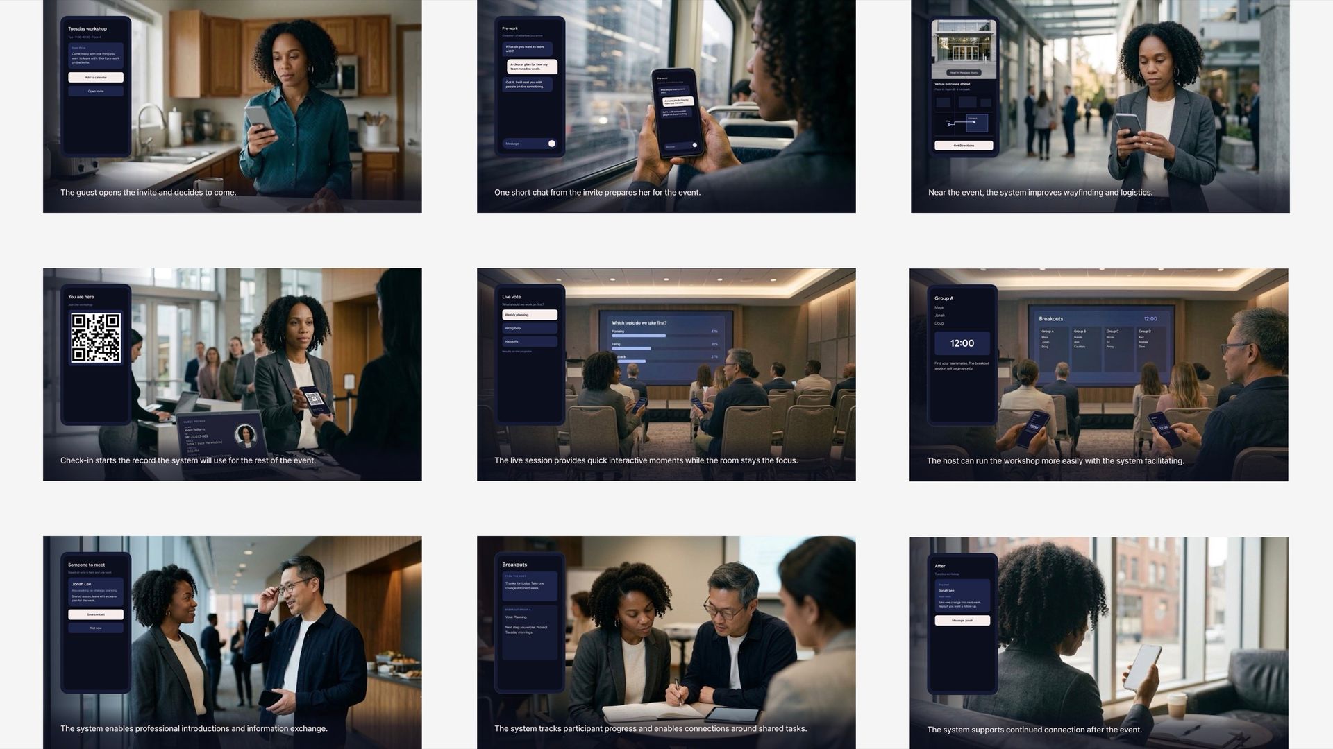 Nine-panel storyboard of a live-event experience, from invite through the event and after.